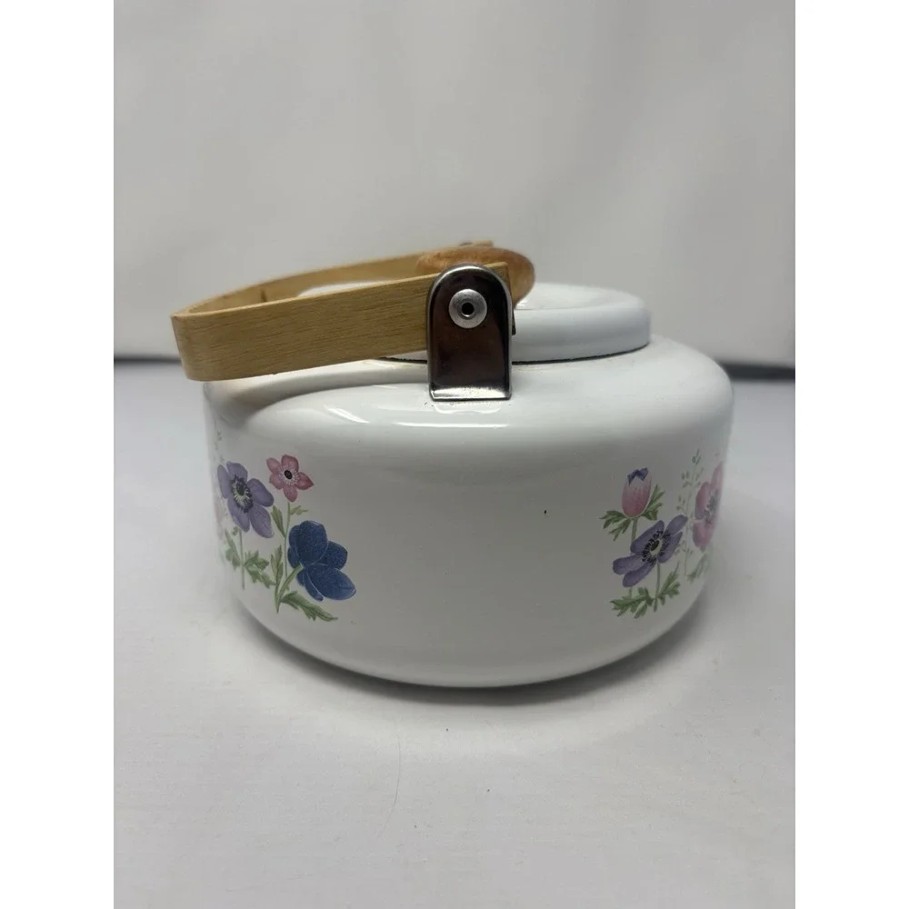 Vintage National Housewares Metal Teapot Kettle Floral Garden Bamboo 1985 Granny